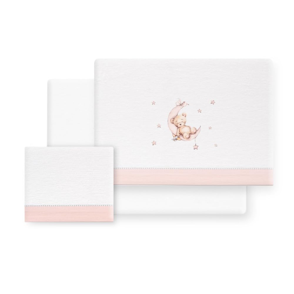 mibebestore - Juego de Sábanas para Cuna 60x120 cm de Franela 100% Algodón | Sábanas de Invierno para Bebé, Cálidas y Suaves | Set 3 Piezas con Bajera Ajustable, Encimera y Funda de Almohada | Oso