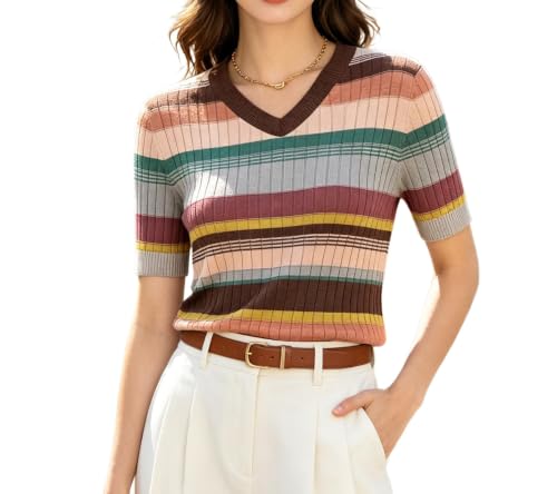 Image of DAIMIDY Women's Short Sleeve Sweater V Neck Summer Knit Tops | Soft,Lightweight,Breathable and Comfortable.Perfect for Shopping,Party,Work,Night Out,Date, Vacation,Daily Wear Etc.