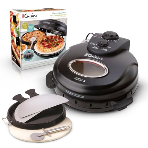 Euro Cuisine PM600 Rotating Pizza Maker with 12 Inch Non-stick Ceramic Stone & Baking Pan, Indoor Countertop Electric Pizza Oven, Automatic Timer, View window, Ideal for frozen or take-n-bake pizzas