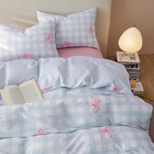 Image of Bow Duvet Cover King Size Blue Plaid Pink Bows Reversible Bedding Set 3 Piece Soft Lightweight Microfiber Kids Bedding Set with Zipper Closure and 2 Pillowcases