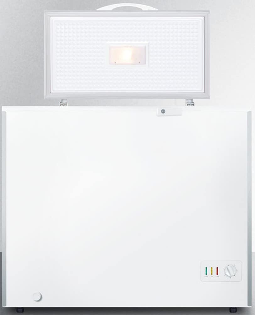 Summit Appliance SCFM73SL Commercially listed 6.7 cu.ft. Chest Freezer in White with Stainless Steel Corner Guards, Manual Defrost, Stainless Steel Look Lid, Interior Light, and Lock on Fridge.com