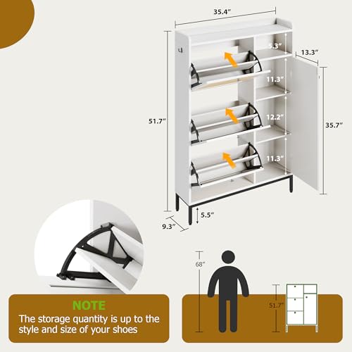 GarveeHome Shoe Cabinet Rattan with 3 Flip Drawers and 4-Tier Shoe Storage Cabinet, Freestanding Shoe Organizer with Adjustable Shelves for Entryway, Closet, Hallway (White)