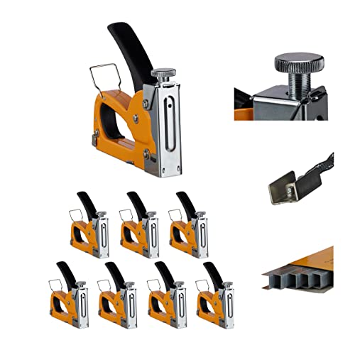 Set de 8 Grapadoras Tapiceros 500 Grapas, Industrial, Manual, Potencia Ajustable, Cartucho 4-8 mm, Hierro, Naranja