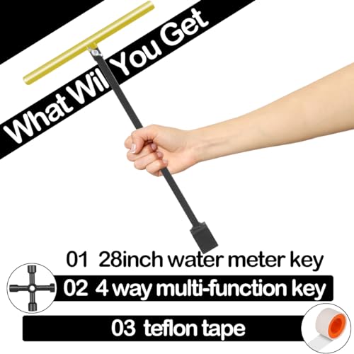 Image of Forlivese Water Meter Key 28 Inch,Water Shut off Tool,Enforced Steel Water Key Tool 4 Way and Seal Tape for Opening,Water Meters or Valves