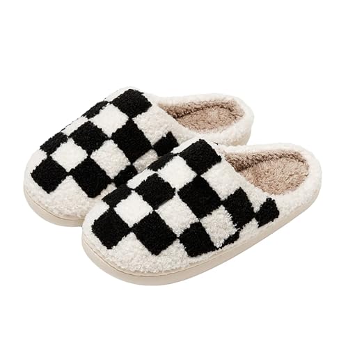 Women's and Men's Fuzzy Checkered Memory Foam Slippers - Fluffy Couple Cozy House Indoor Outdoor Shoes