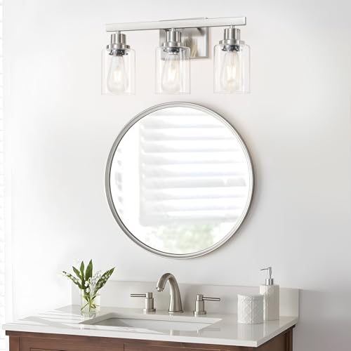Image of 3-Light Bathroom Light Fixtures, Nickel Bathroom Vanity Light with Clear Glass Shade, Modern Bathroom Wall Lights Over Mirror, Farmhouse Wall Sconces Lighting for Bedroom Living Room
