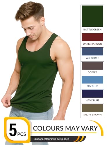 Image of COSCO FOUJI 100% Combed Cotton Vest for Men Sleeveless Multicolor Pack of 5 | Regular Fit, Deep Round Neck, Large Armholes, Tagless, Breathable, Sweat Absorbent, Stretchable, Assorted Colors May Vary