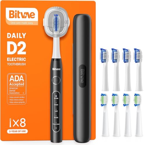 Bitvae ADA Accepted Electric Toothbrush, 60-Day Battery Travel Toothbrush | Adults and Kids, 5 Modes, 8 Heads, Travel Case & Holder, Rechargeable Power, Smart Timer, IPX7 Waterproof, Shadow Black