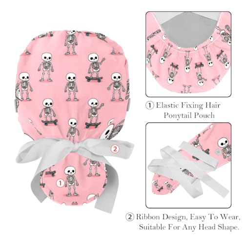 Image of 2 PCS Bouffant Cap with Button Ponytail Pouch Working Cap Sweatband Adjustable Surgical Cap Black and White Cow