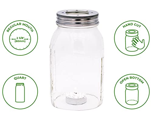 Image of Open Bottom Mason Jar Glass Shade with 1-5 /8-Inch Fitter Opening Lighting Lid (RM Quart Ball Jar, Clear)