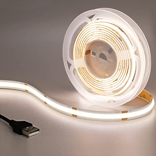 GOMING DC 5V USB COB LED Strip Light Natural White 4000K IP65 Waterproof CRI 93+ USB Powered 6.6ft/2M 320LEDs/M Flexible LED Tape Lights for TV Backlight Cabinet Home DIY Lighting