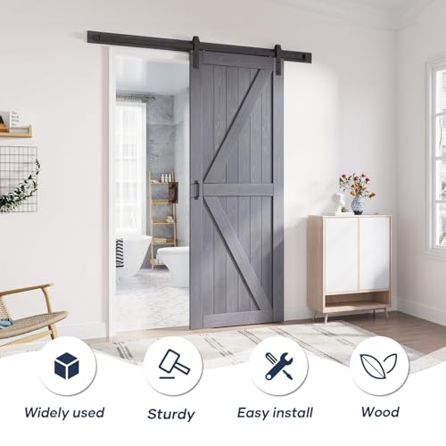 Image of FREDBECK 36in x 96in Gray Wood Barn Door with Hardware,K-Frame,Grey