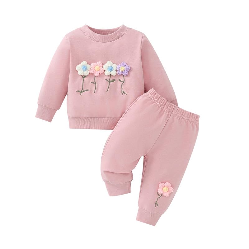 Toddler Girl Fall Winter Clothes Baby Crewneck Floral 3D Embroidery Sweatshirts Pants Set Long Sleeve Outfits Set