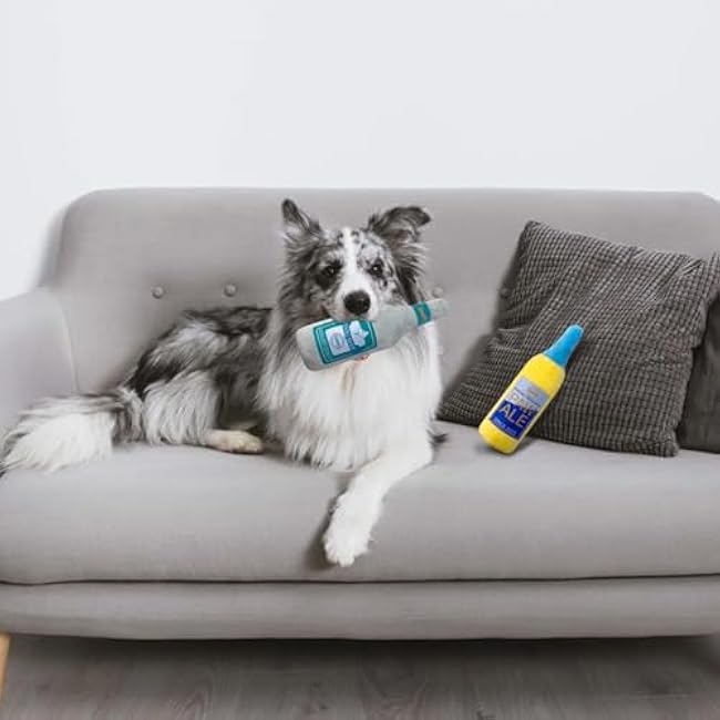 Interactive Bottle Dog Puzzle Toy, Squeaky Crinkle Plush - Keeps Small to Large Dogs Busy, Gray Beer
