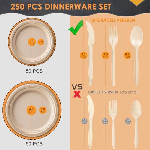 Gezond 250pcs Compostable Paper Plates Set - Extra Long Utensils, Biodegradable Dinnerware for Party, Camping, Picnic Made of Sugar Cane Fibers - Image 7