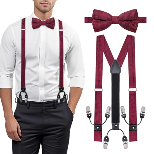 Image of YOHOWA Men Suspenders 6 Clips Strength Adjustable Y Braces Pre-Tied Bow Tie Set Formal Wedding Party