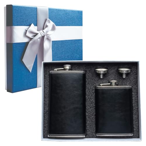 2 Pack Hip Flask for Liquor, 8oz + 12oz Hip Flask Set Stainless Steel Leather Hip Flask + Funnels, Leak Proof Pocket Hip Flask for Men, Black