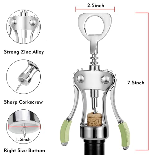 Image of KORCCI Wine Opener, Heavy-Duty Zinc Alloy Wing Corkscrew, Premium Beer Bottle Opener, Multifunctional Wine Accessories with Ergonomic Handle and Sharp Screw, for Kitchen, Bar, Restaurant (GREEN)