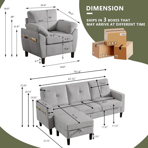 Image of 3 Pieces Sofa Set for Living Room with Sofa, Storage Ottoman and Single Chair