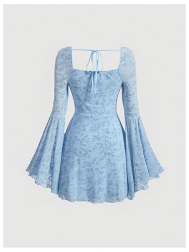Image of WDIRARA Women's Floral Jacquard Mesh Gothic Dress Bell Long Sleeve A Line Vintage Dresses