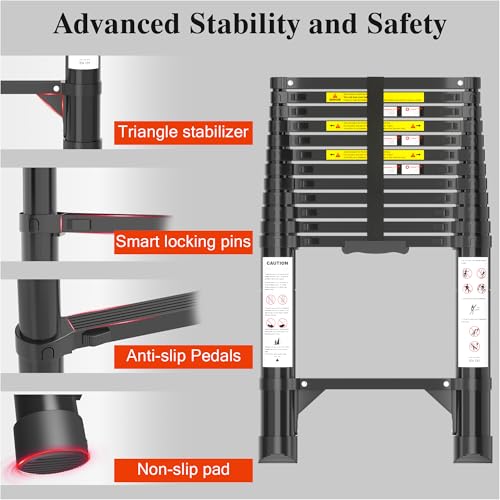 Image of Telescoping Ladder Extension Telescopic Collapsible - 12.5 FT Rv Telescope Foldable Extendable Tall Compact Aluminum Ladders - for House Roof Travel Trailers Adjustable Retractable - 330lbs Capacity