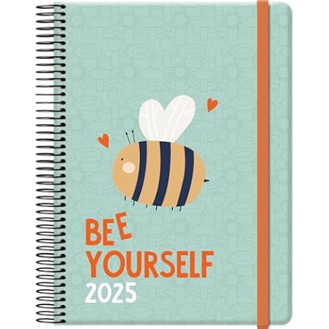 Dohe - 2025 Diary - Day Page, A5 (15 x 21 cm), 12 Months January to December, Hard Cover and Rubber, Planner in Spanish, 4 Pages of Stickers, Office Supplies - CUTE BEE Cover