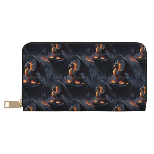 Leather Thin Slim Wallets for Women & Men - Cool Fire Mountain Dragon A Print Card Wallet Holder with Zipper