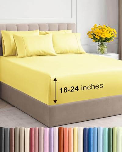 Image of Extra Deep Full Sheet Set - 6 Piece Breathable and Cooling Sheets - Hotel Luxury Bedding for Women, Men, Kids & Teens - Easy & Secure Fit - Soft, Wrinkle Free and Comfy - Extra Deep Pockets - Yellow