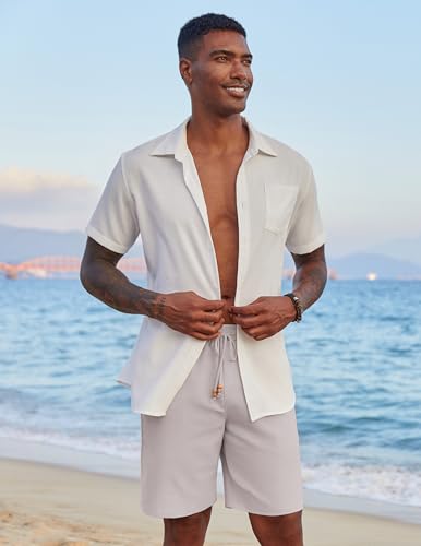 Image of COOFANDY Mens Casual Linen Shorts Elastic Waist Drawstring Loose Fit Summer Beach Vacation Shorts with Pockets