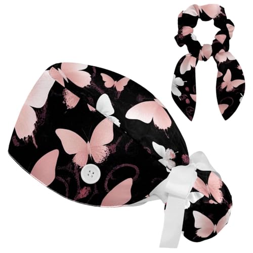 Image of Butterfly Scrub Cap Women with Ponytail & Buttons Adjustable Surgical Nurse Hat with Cotton Sweatband for Long Hair
