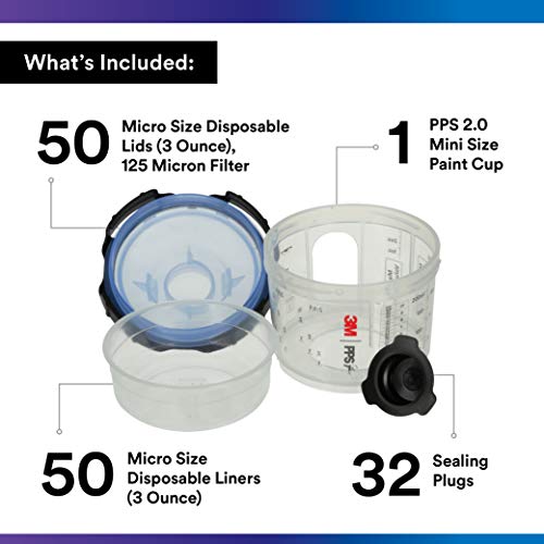 Image of 3M PPS 2.0 Spray Gun Cup, Lids and Liners Kit, 26328, Micro, 3 Ounces, 125-Micron Filter, Use for Cars, Furniture, House and More, 1 Mini Paint Cup, 50 Micro Liners, 50 Lids, 32 Sealing Plugs