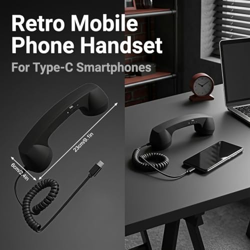 Image of ZORBES Retro Mobile Phone Handset for Type-C Smartphones, Plug and Play Wired Telephone Receiver Coiled Cord Retro Landline Call Handset with Volume Control, Hands-Free Vintage Phone Accessory
