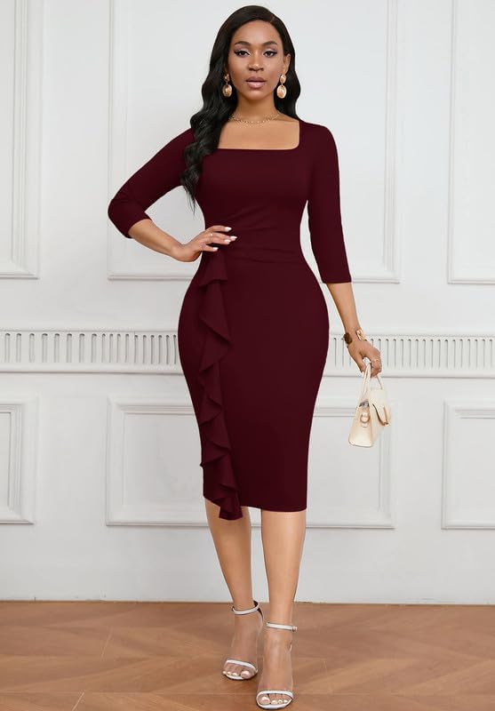 Womens Work Dresses Elegant Square Neck 3/4 Sleeve High Waist Bodycon Ruffle Vintage Church Pencil Midi Dress - Image 4