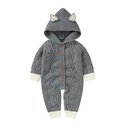 RNTOP Infant Baby Girl Boy Cable Knit Sweater Romper Hooded Jumpsuit Long Sleeve Sweaters Bodysuit (Grey, 12-18 Months)