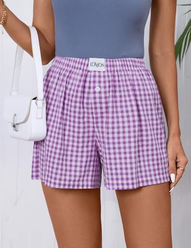 Image of LOMON Womens Boxer Shorts Casual Summer 2026 Pajama Lounge Sleep Pj Gingham Plaid Shorts Y2K Beach Bottoms