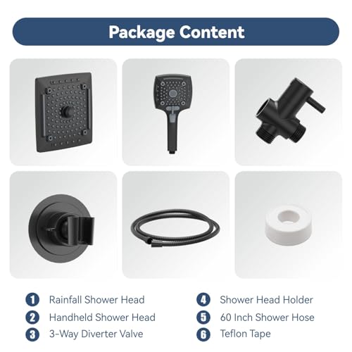 Image of ELLO&ALLO Rain Shower Head with Handheld Spray, Rainfall Shower Head Combo with 60 inch Hose, Adjustable Dual Showerhead Set with 3-Way Diverter, Matte Black