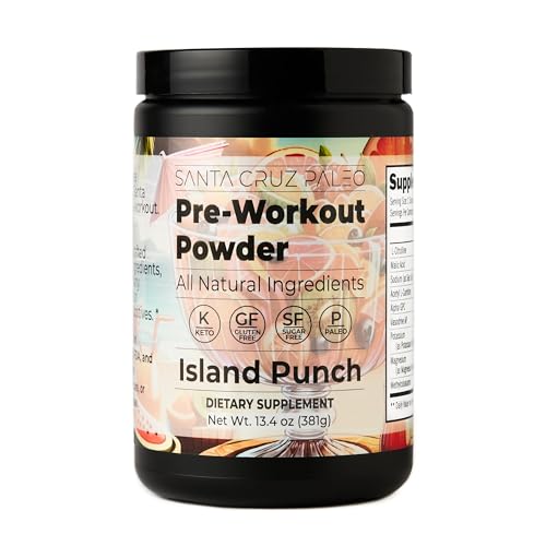 Image of Santa Cruz Paleo Pre Workout Powder Electrolytes, Magnesium, Potassium, Sea Salt & L Citrulline, Caffeine & Sugar Free Preworkout Drink Mix for Energy & Hydration, Island Punch Flavor, 30 Servings