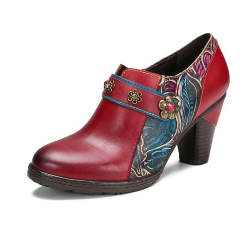 eimeinuosy SOCOFY - Stivaletti da donna in pelle con tacco a blocco, stile bohémien, scarpe Mary Jane estive, Rosso, 6