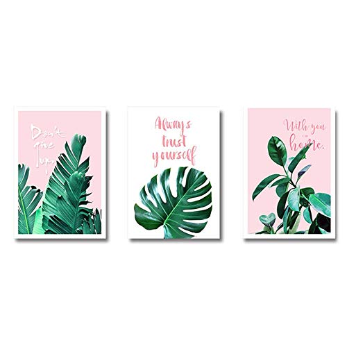 Anpassen der Wandkunst auf Leinwand nordisches Dekor rosa Hintergrund grüne Blätter Poster und Druck Wandkunstbild für Wohnzimmer Heimdekoration 50x70cmx3 kein Rahmen Cover