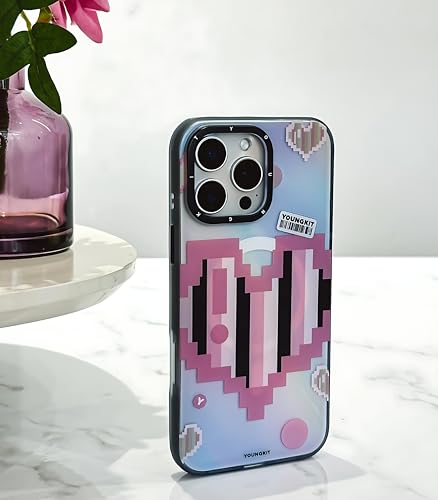 Image of Color-Changing Pixel Heartbeat Phone Case for iPhone 15 Pro Max Compatible with Wireless Charging | Thermo Reactive Heat Touch Design | Slim Shockproof Back Cover | Pink Edition