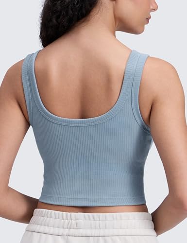 Image of CRZ YOGA Ribbed U Neck Crop Tank Tops | Medium Support, Removable Pads, Casual, Wide Straps, Longline Sports Bras for Women