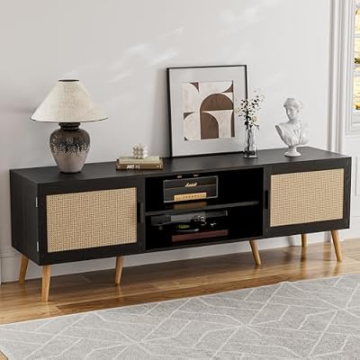 ZttRiee TV Stand for TVs up to 65'', Entertainment Center with Rattan Door, Shelves & 2 Cabinets, Boho Media TV Console for Living Room, Bedroom, Black