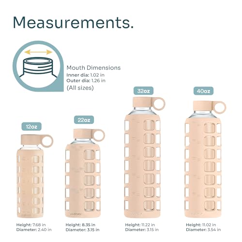 purifyou 40oz / 32oz / 22oz / 12oz Borosilicate Glass Water Bottle with Time & Volume Markers, Silicone Sleeve, Stainless Steel Lid | Reusable Glass Bottle for Water & Juice (40oz Hazelnut)