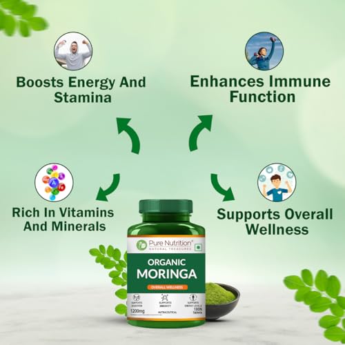 Image of Pure Nutrition Organic Moringa Tablets with 1200mg Leaves Extract | Moringa Tablets for Healthy Digestion, Immunity, Energy Levels & Detox - 180 Veg Tablets