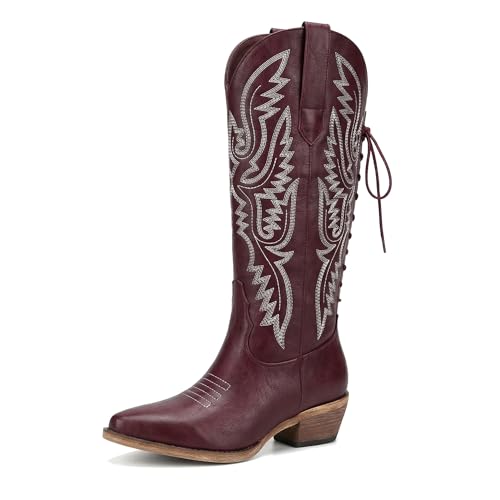 Image of Uillnoodu Wide Calf Cowboy Boots Women Adjustable Lace Up Knee High Tall Plus Size Cowgirl Boots Western Style Comfortable 2-Inch Heel