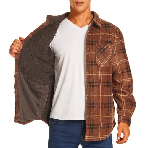 Image of HODOSPORTS Mens Flannel Shirts Jacket Fleece Sherpa Lined Heavyweight Button Down Plaid Shirts Coat Long Sleeve with Pockets