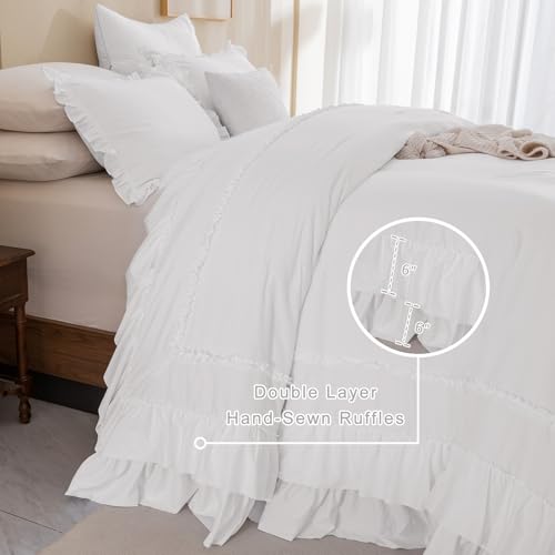 Image of QSH Oversized King Comforter 128x120,3PCs Natural White Farmhouse French Country Ruffled Bedding Comforter Set Shabby Boho Chic California King Bed Comforter Rustic Lightweight Soft Microfiber Bedding