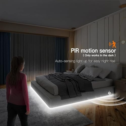 Image of 5V USB Motion Sensor COB LED Light Strip 3.3FT /1M Motion Activated Indoor Under Bed Lights Under Cabinet Lights 6500K White Neon LED Strip for Stairs, Under Bed, Closet, Cabinet