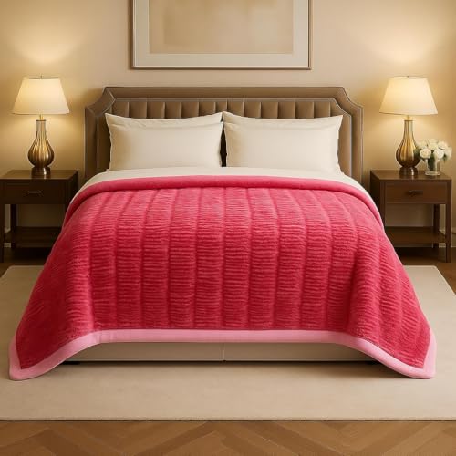 Image of Signature 3-Ply Faux Rabbit Fur Blanket King Size | Ultra Soft Heavy Weight Quilt-Feel Blanket | 6kg Luxury Winter Comforter for Bed Ideal for Heavy Winters (Rose)
