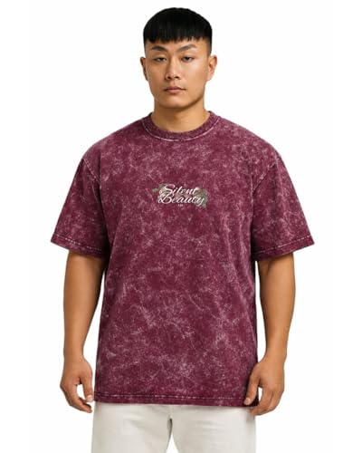 Image of VEL GSM Heavy Pure Cotton Men's Graphic Print Oversized Fit Half Sleeve Round Neck Cotton Acid Wash Print T-Shirt (in, Alpha, L, Regular, 1, CloudMaroon Silent Beauty)